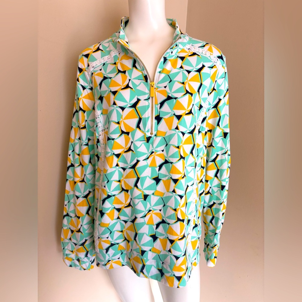 Crown & Ivy Geometric Umbrella Pattern Pullover Teal Green Yellow White Size XL